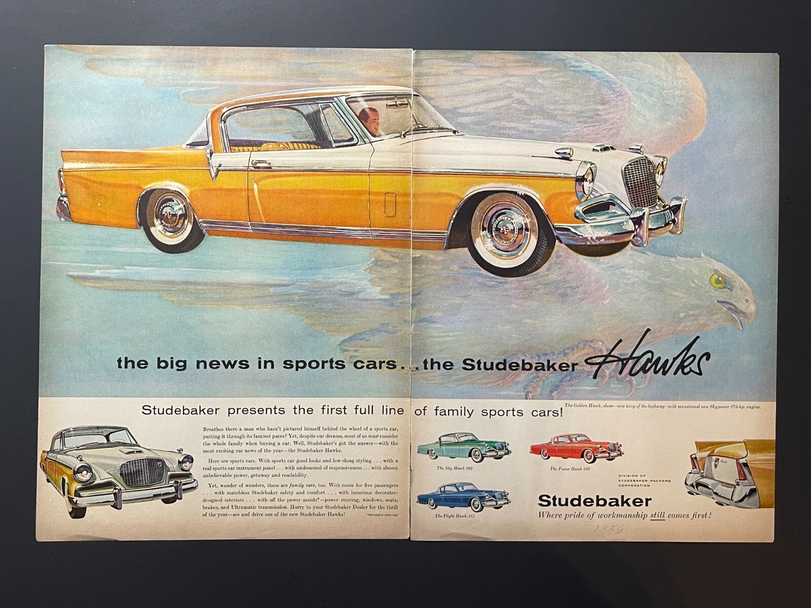 Original 1956 Studebaker Hawk Cars - 2 Page Print Advertisement (20.5in X 13.5) Original 1956 Studebaker Hawk Cars - 2 Page Print Advertisement (20.5in X 13.5)