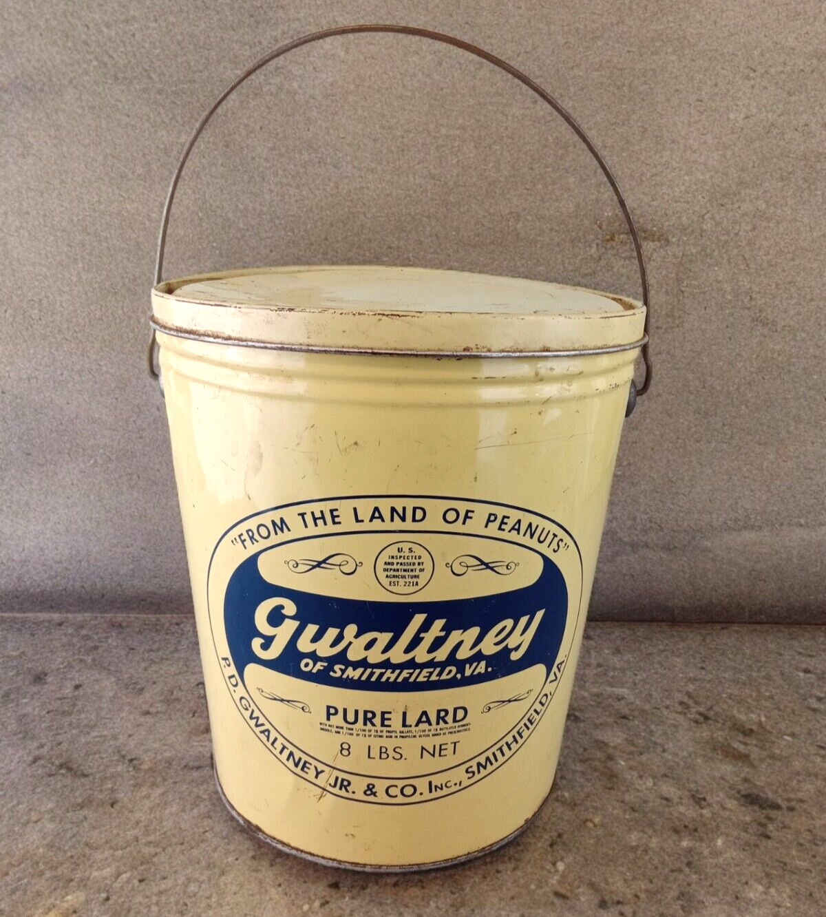 GWALTNEY Smithfield, VA 8 lb. Lard Can Tin Pail Bucket Vintage Advertising RARE