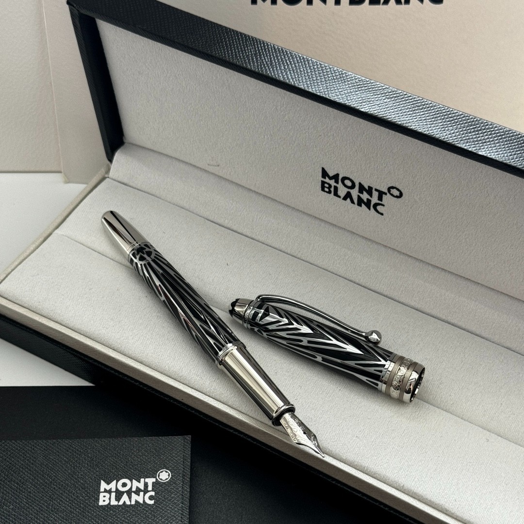 Montblancc Luxury Metal Fountain Pen Black Silver Pattern Writing Pen with Box