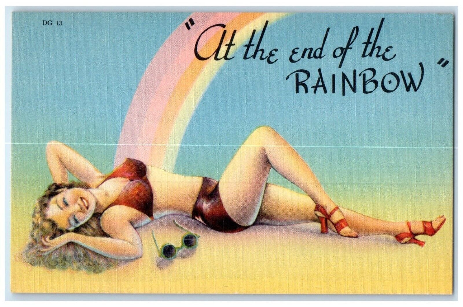 c1930\'s Pretty Woman At The End Of The Rainbow Swimsuit Vintage Postcard