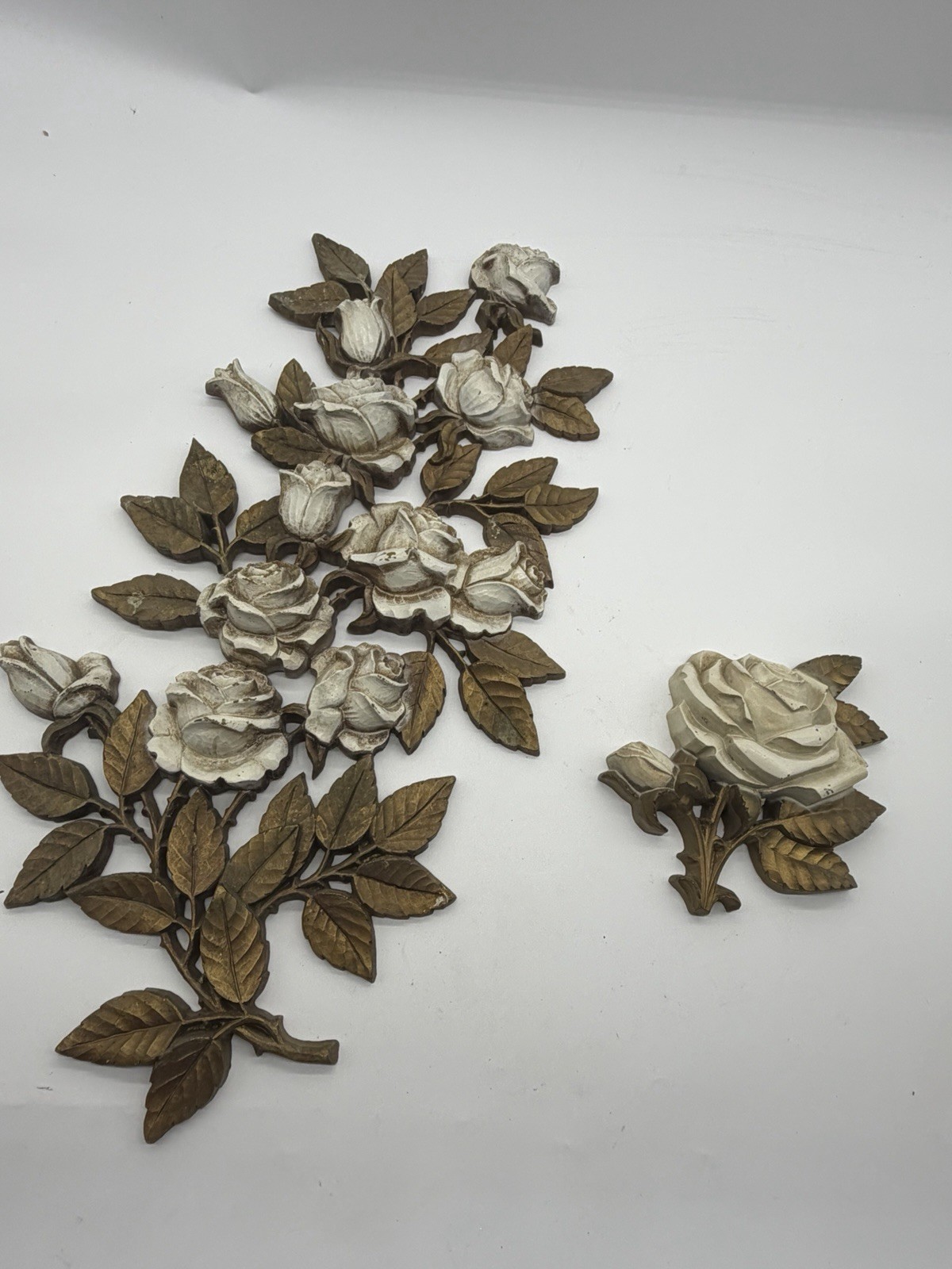 Vintage MCM Boho HMCO 1970s Rose 3D Plaque USA White Gold 21x11 Decorative 2 Pc Vintage MCM Boho HMCO 1970s Rose 3D Plaque USA White Gold 21x11 Decorative 2 Pc
