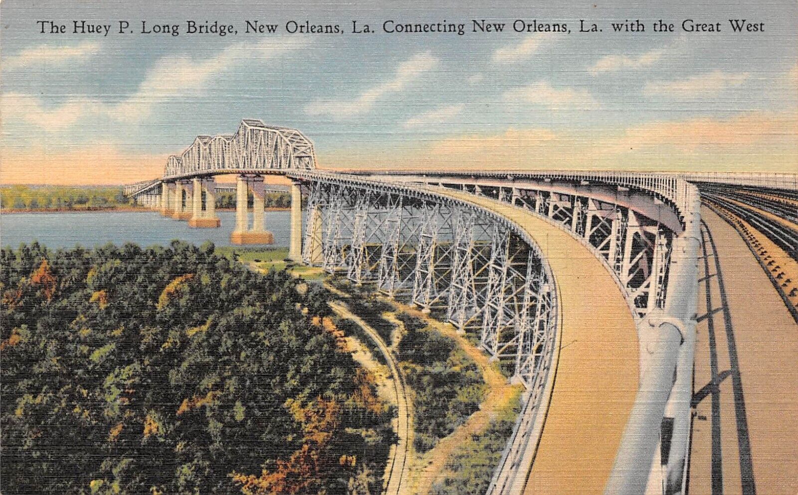 HUEY P. LONG BRIDGE New Orleans Louisiana Linen Postcard