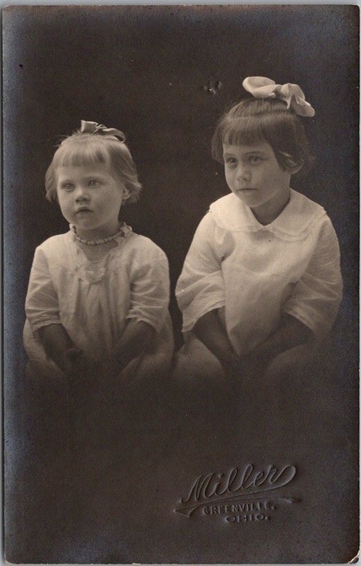c1910s STUDIO Photo RPPC Postcard 2 Girls / Sisters GREENVILLE, Ohio Blind Stamp