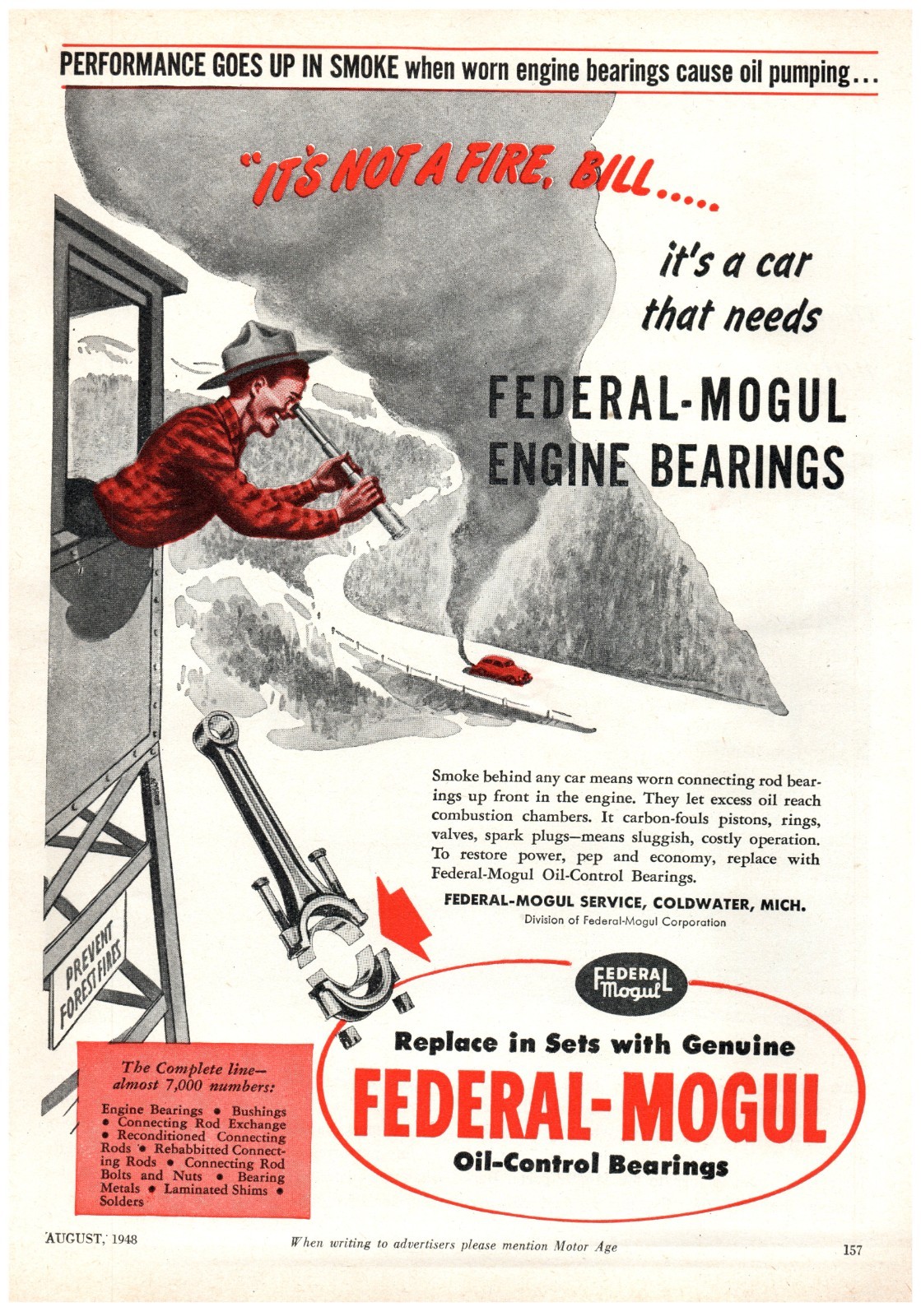 PRINT AD 1948 Federal-Mogul Bearings Forest Fire Watch Tower 40's Auto Shop