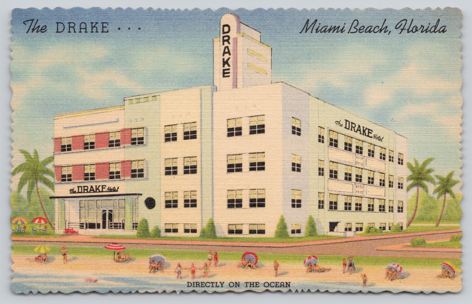 Postcard The Drake Hotel, Miami Beach, Florida Fl Art Deco Linen A239