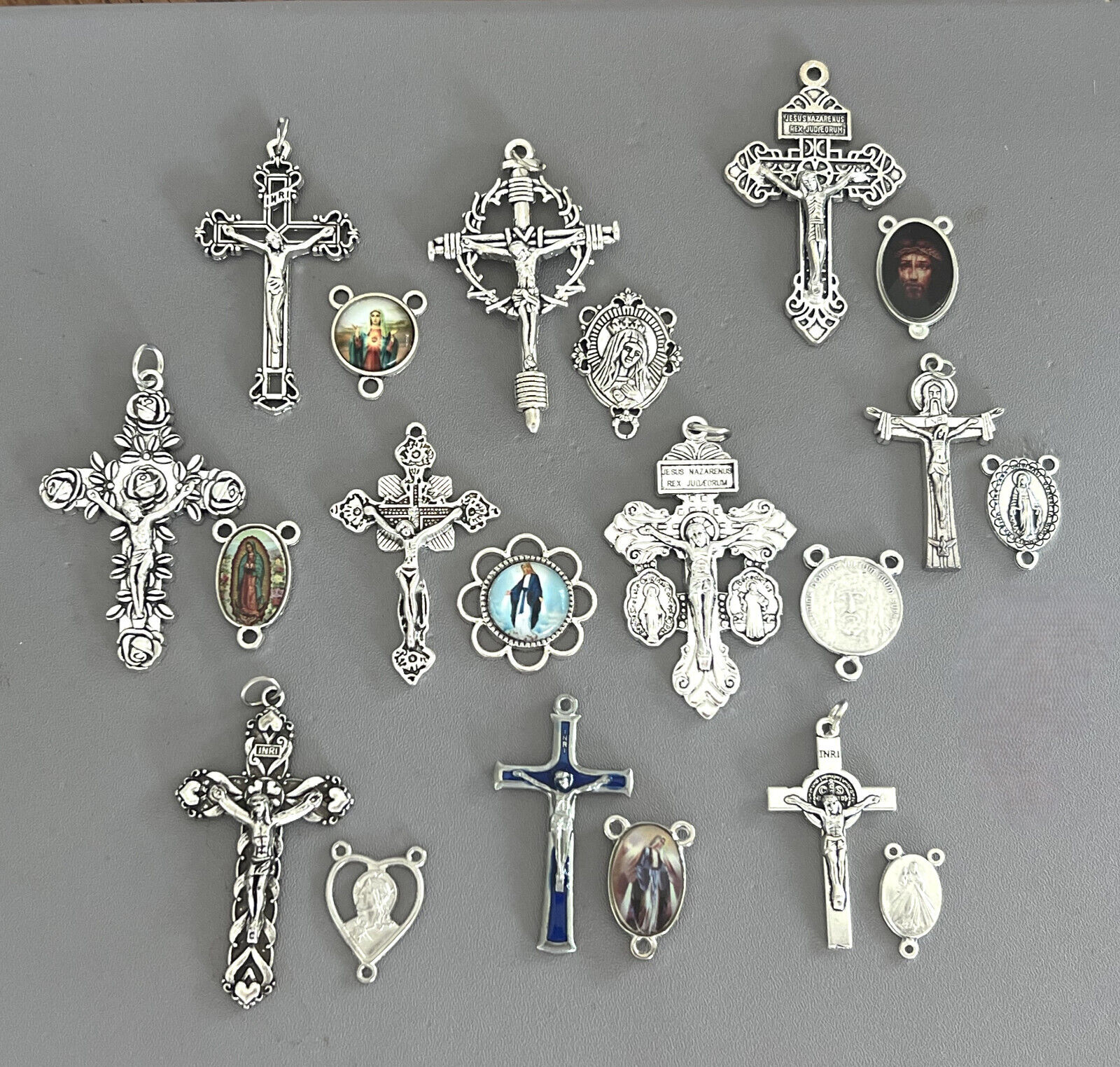 20 pc SET Large Silver Crucifixes 10 crosses & 10 Centerpiece Miraculous Medal