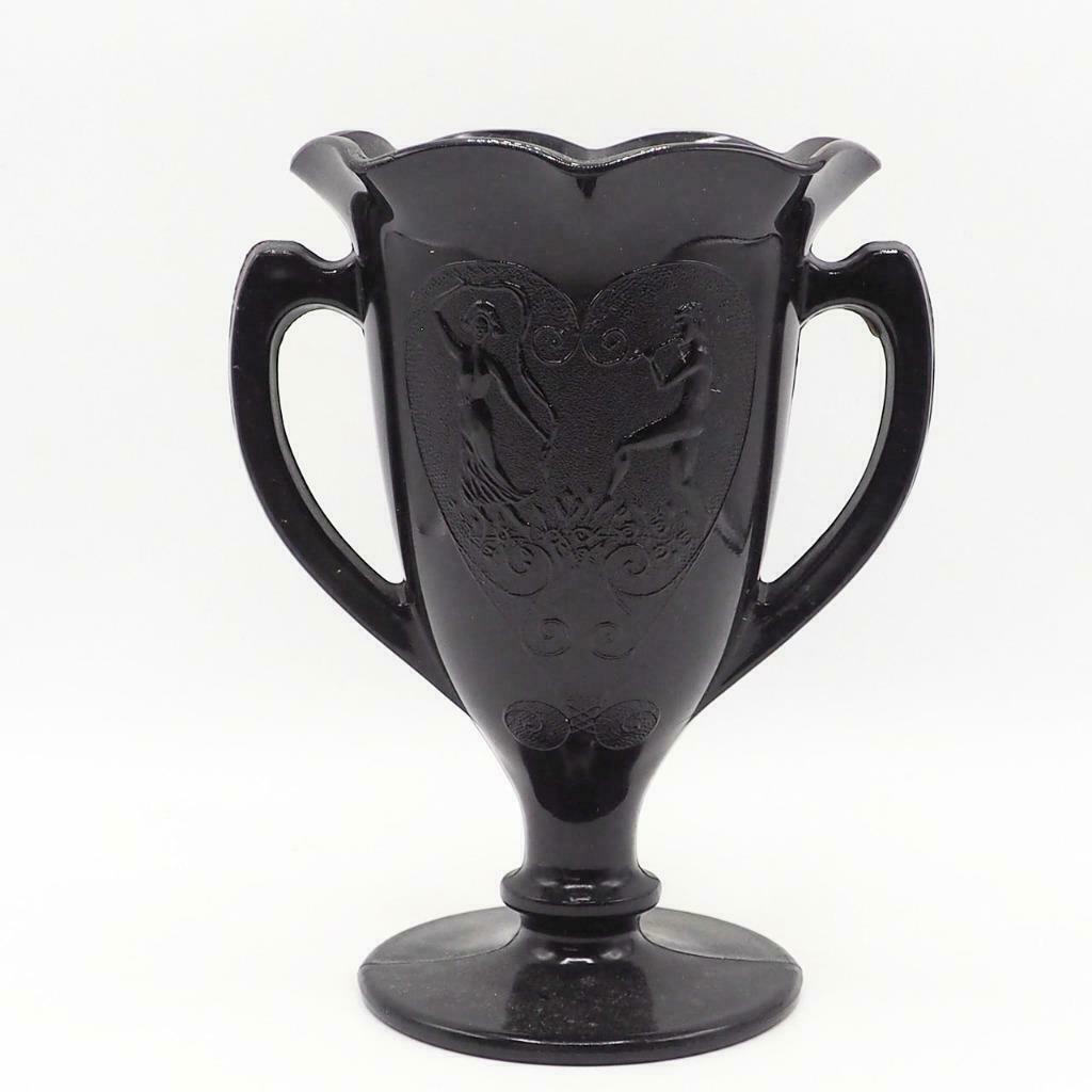 Vintage Black Glass Pedestal Vase 2 Handles Nymphs Dance Ruffle Top