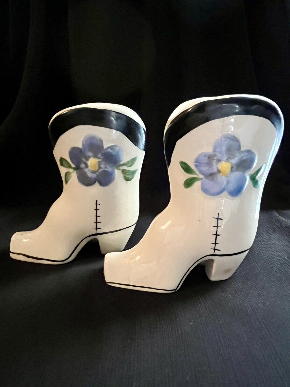 Vintage Mini Pair Of Porcelain Cowgirl Boot Vases With Hand Painted Blue Flowers