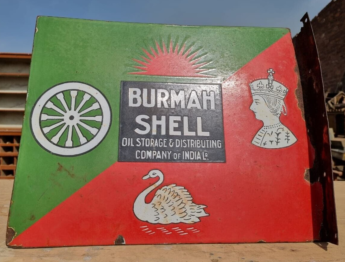 Vintage Rare Double Sided Victorian Burmah Shell Oil Porcelain Enamel Sign Board