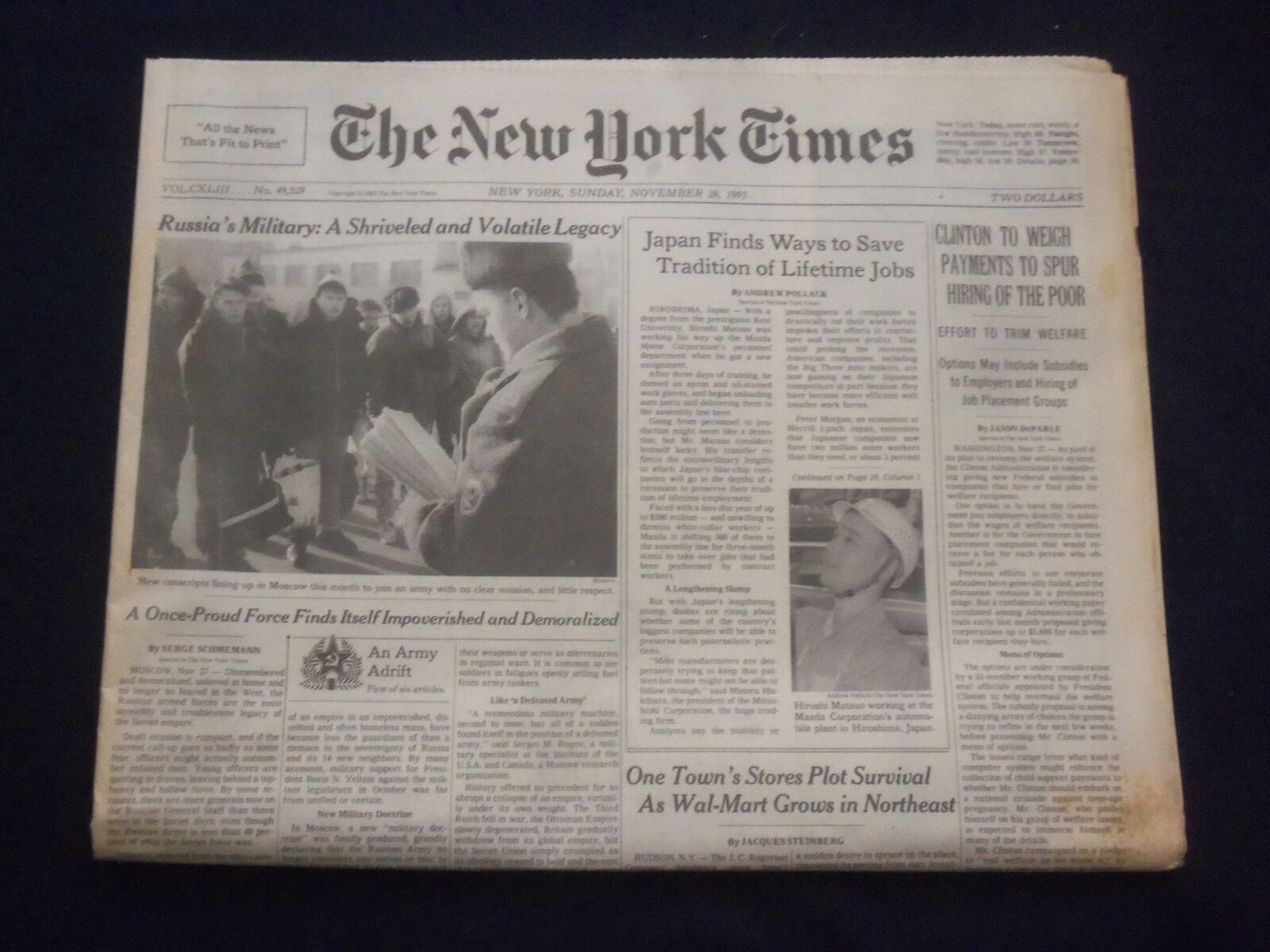 1993 NOV 28 NEW YORK TIMES NEWSPAPER-CLINTON TO WEIGH PAYMENTS TO POOR- NP 7107