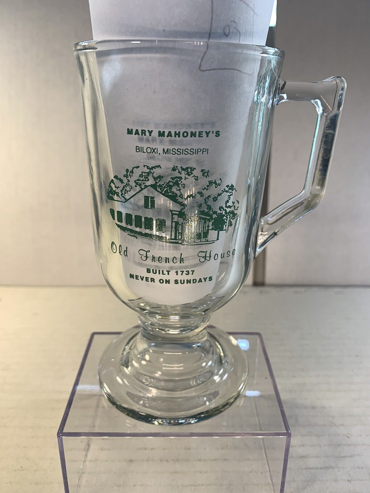 Vintage Biloxi Mississippi Mary Mahoney Restaurant Irish Coffee Mug Clear Scarce