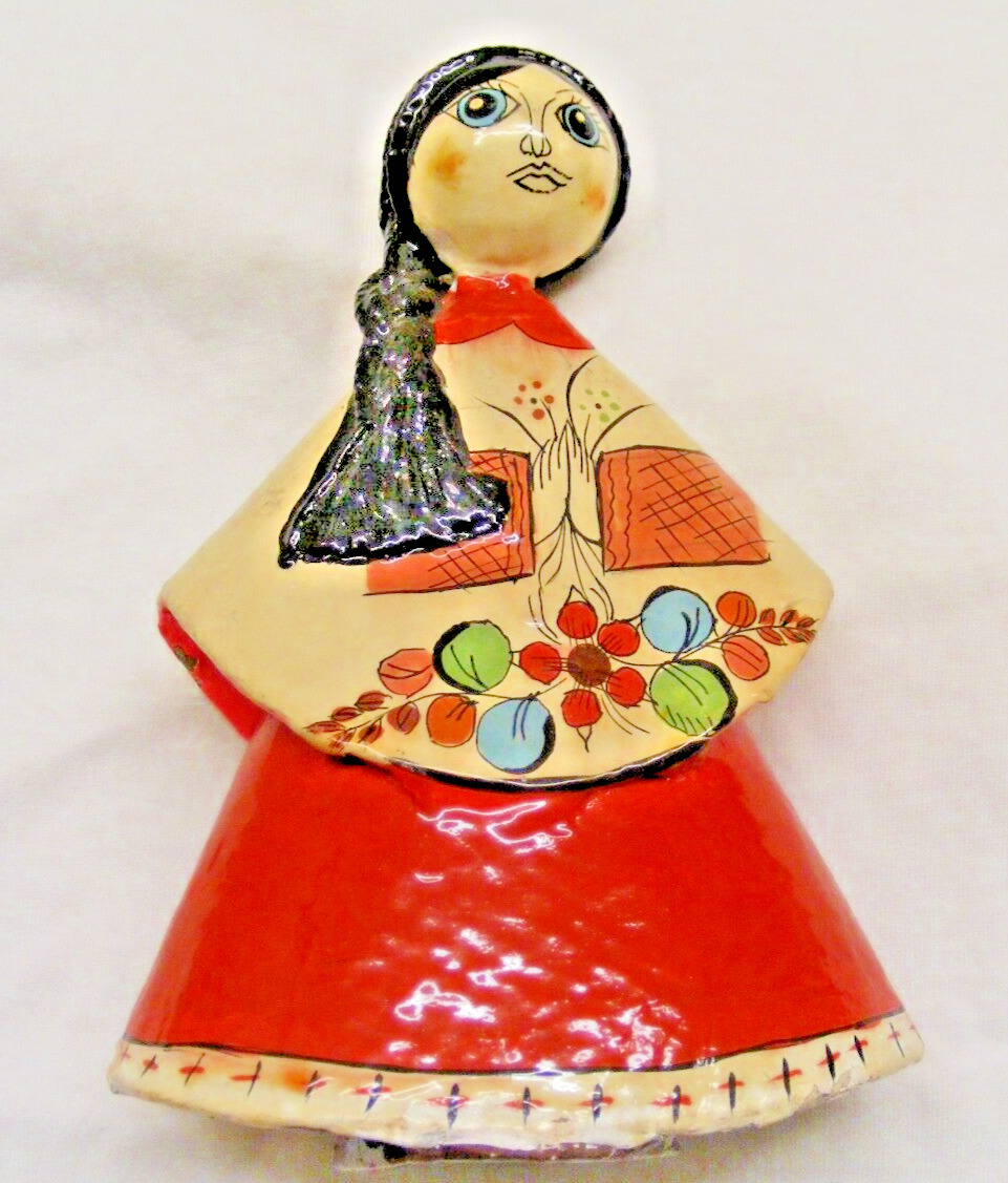 Mexican Vintage Folk Art Paper Mache Woman Girl Doll Figure Flower Mexico Signed