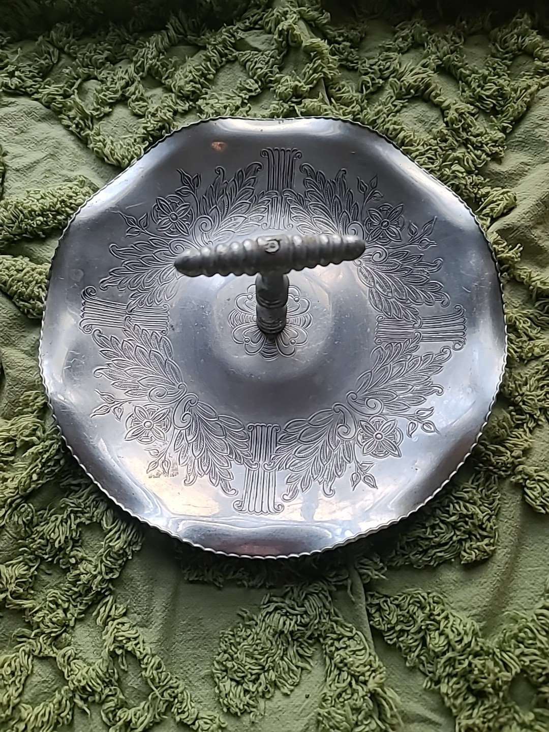 Vintage Aluminum Round Floral Serving Tray & Handle Mcm Cookies Candy Tea party