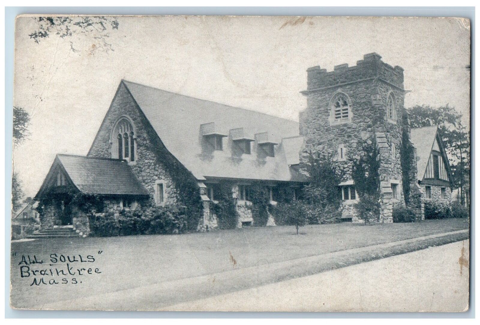 c1950's All Souls Church Building Tower Braintree Massachusetts Vintage Postcard