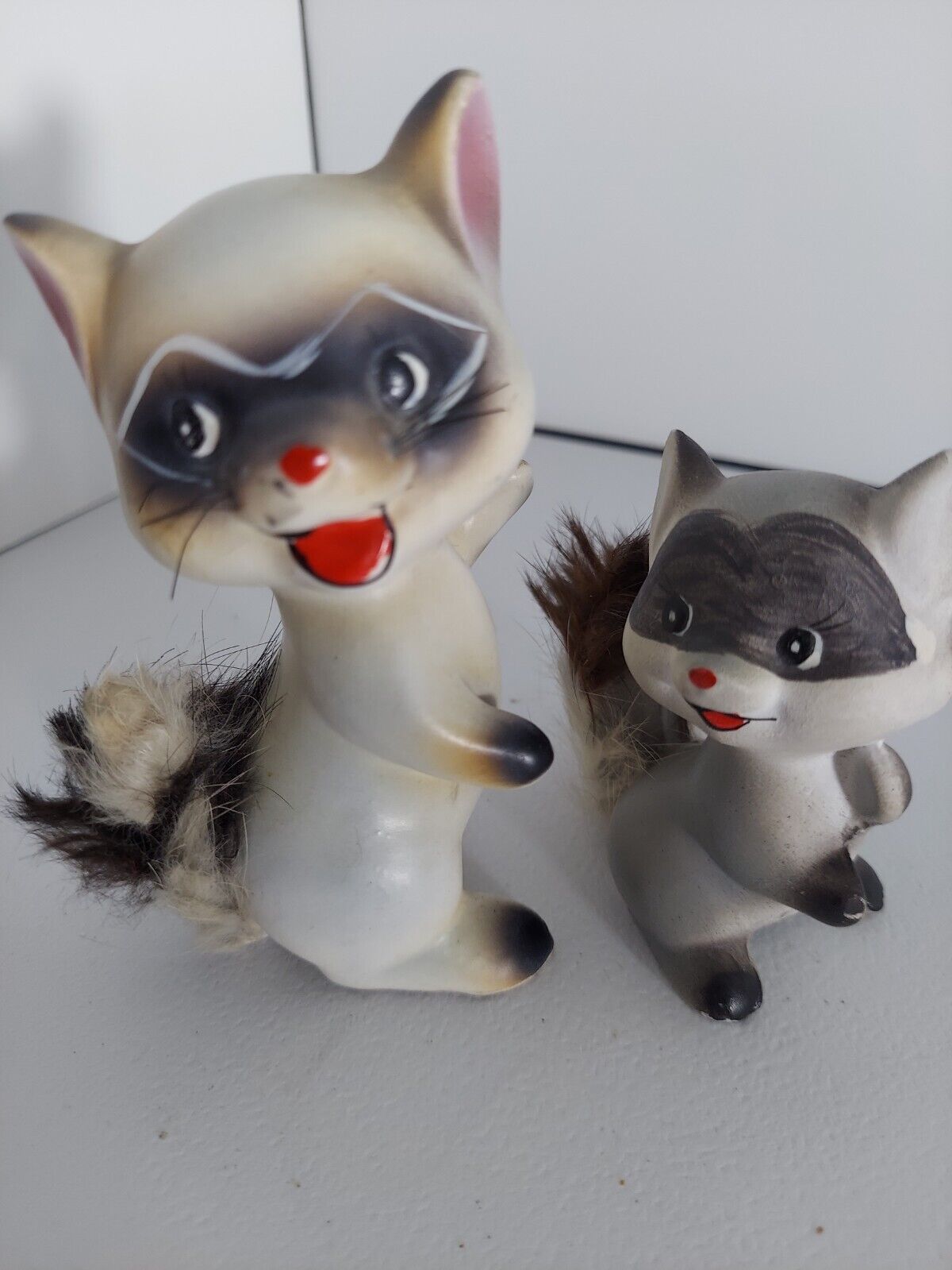 Pair of Vintage Enesco Kitschy Ceramic Raccoons Furry Fuzzy Tails-Japan