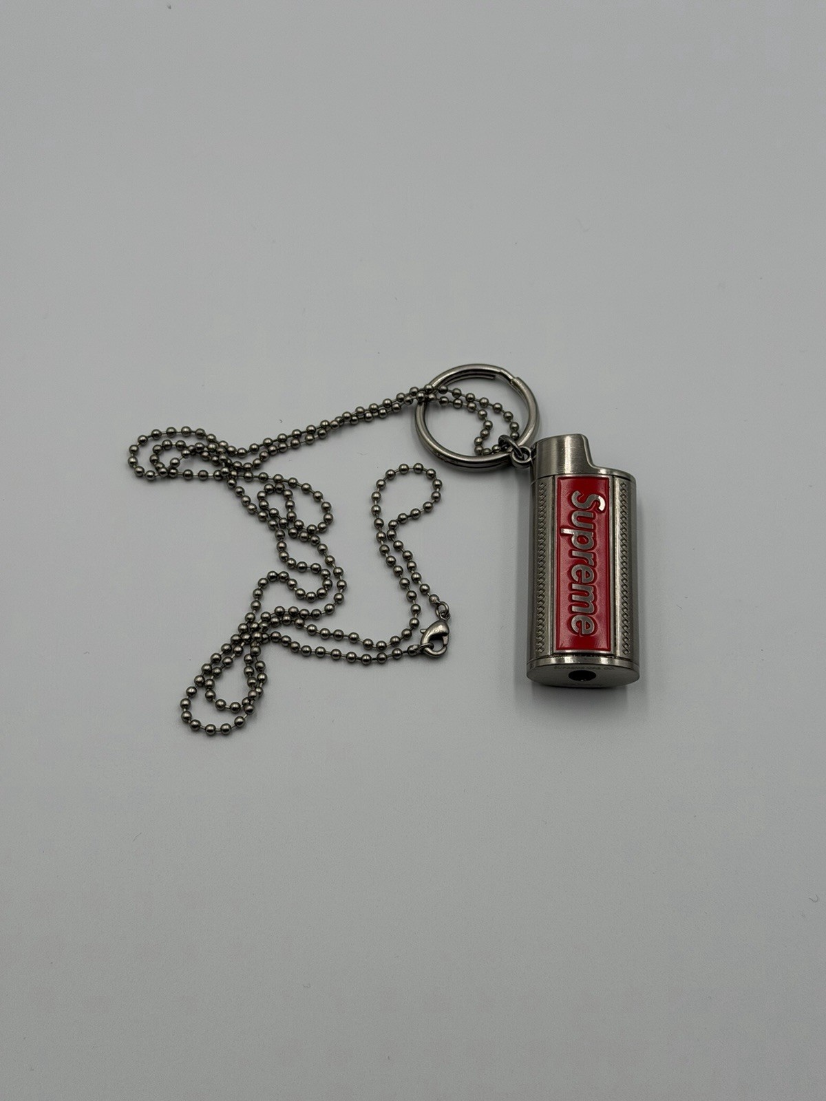 Supreme Mini Metal Lighter Keychain Necklace w/ Ball Chain Silver Red