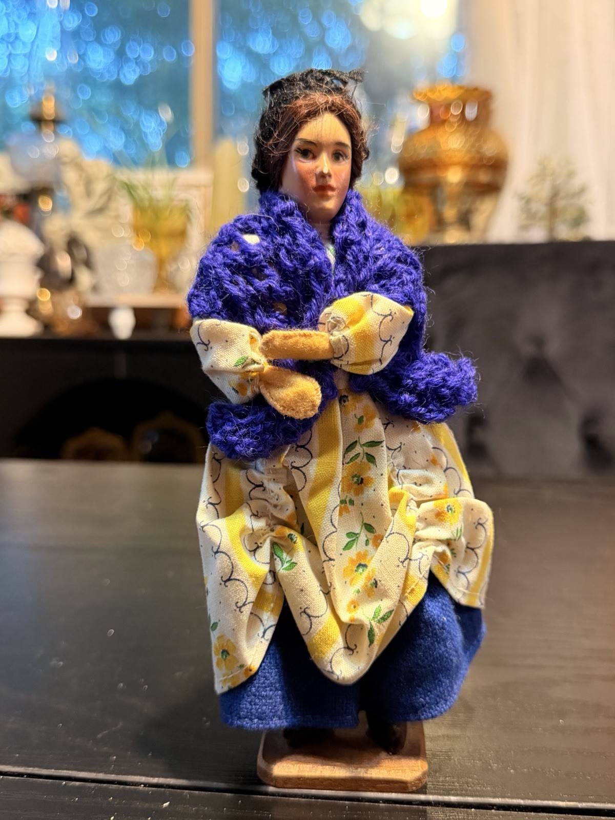 Vintage Hand Painted Woman Figurine Cloth Doll Blue Shawl Floral Dress Wood Base Vintage Hand Painted Woman Figurine Cloth Doll Blue Shawl Floral Dress Wood Base