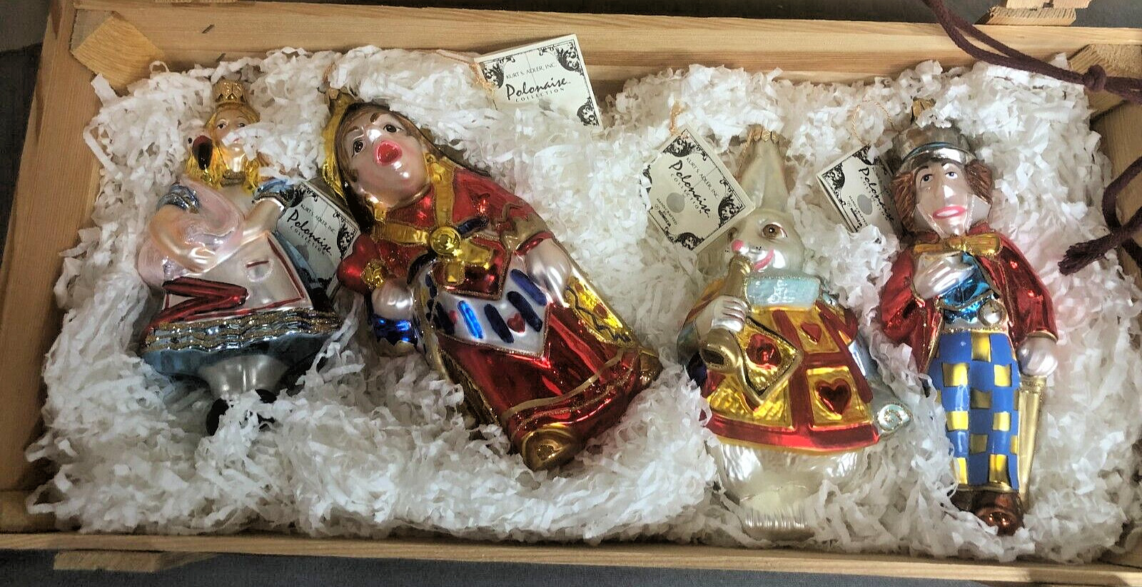 Polonaise Kurt Adler 4 Glass Ornaments w/Tags Alice in Wonderland Set Wooden Box
