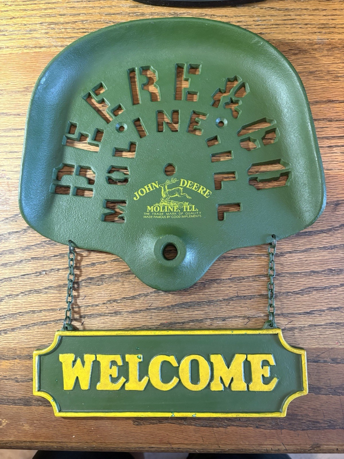 John Deere Moline, IL. 10.5” Wide  Cast Iron Seat Sign Welcome Sign Never Used