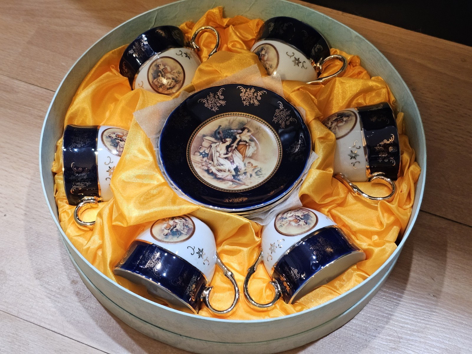 Original Cobalt Blue Handmade Fine Porcelain Gold Guilded Demitasse Tea Set NOS