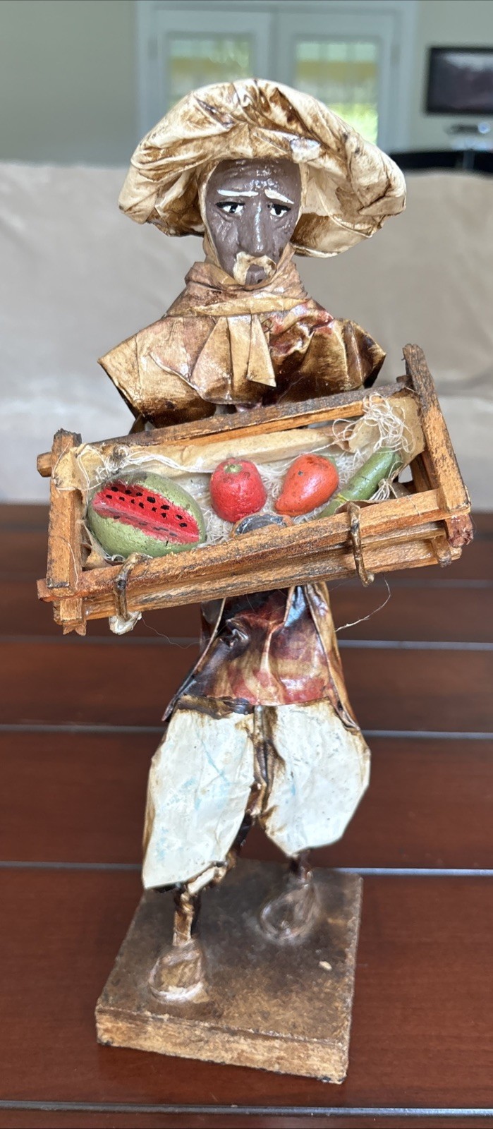 VTG Mexican Folk Art Paper Mache Man W/Sombrero Holding Colorful Produce Crate