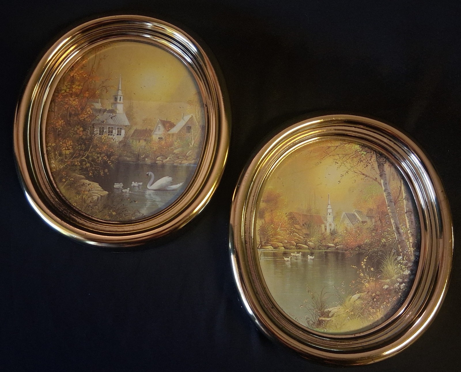 Vintage HOMCO Gold Oval Framed Prints Autumn Swan Lake Church Cottage Core 1985