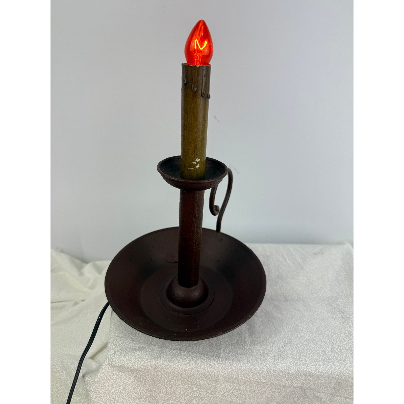 Vintage Electric Chamberstick Lamp Rustic Metal Candle Holder Flickering Bulb
