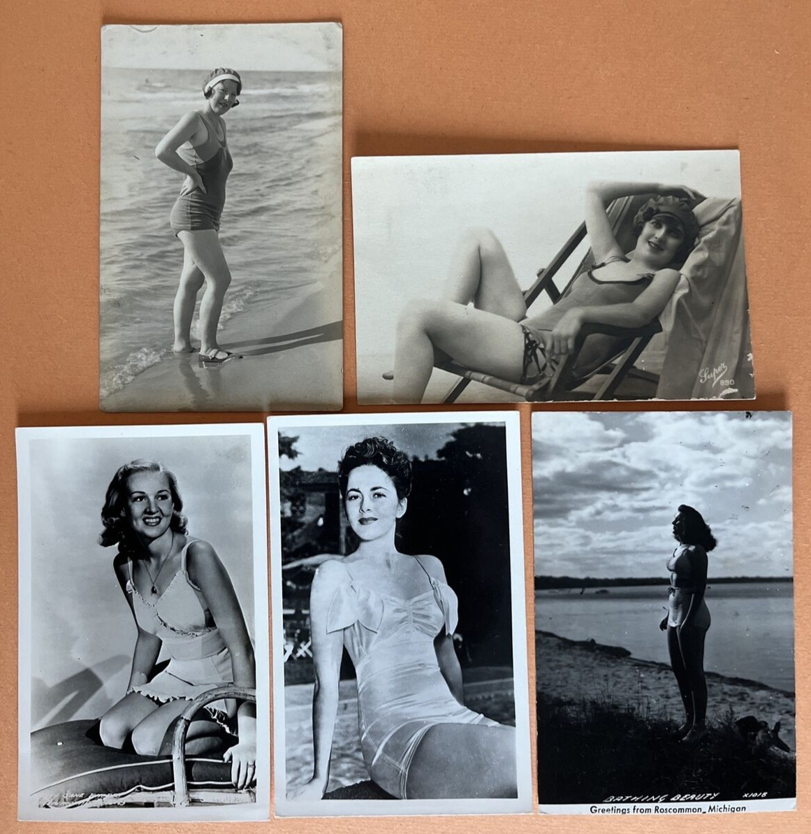 5 RPPC Young Women in Swimsuits Antique Real Photo Postcards - Ex. Condition