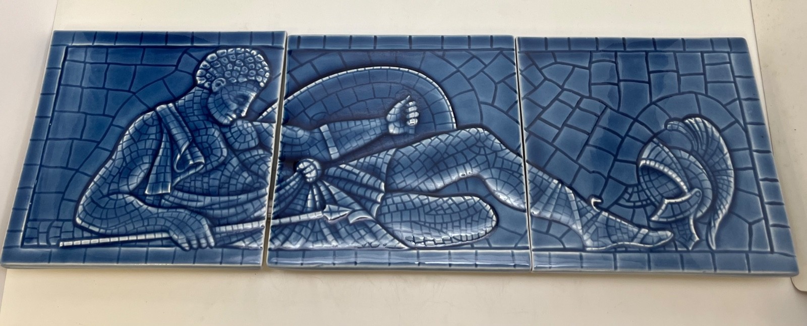 L'Esperance Tile Roman Soldier 3 Tile Panel Blue Ceramic Art Tile Classical Reli