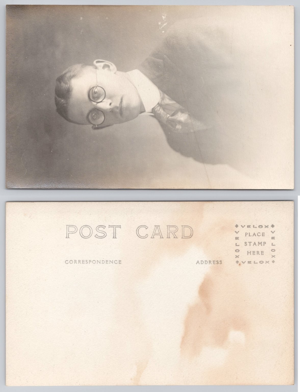 RPPC Young Man Portrait Round Glasses Velox Real Photo Postcard c.1910s