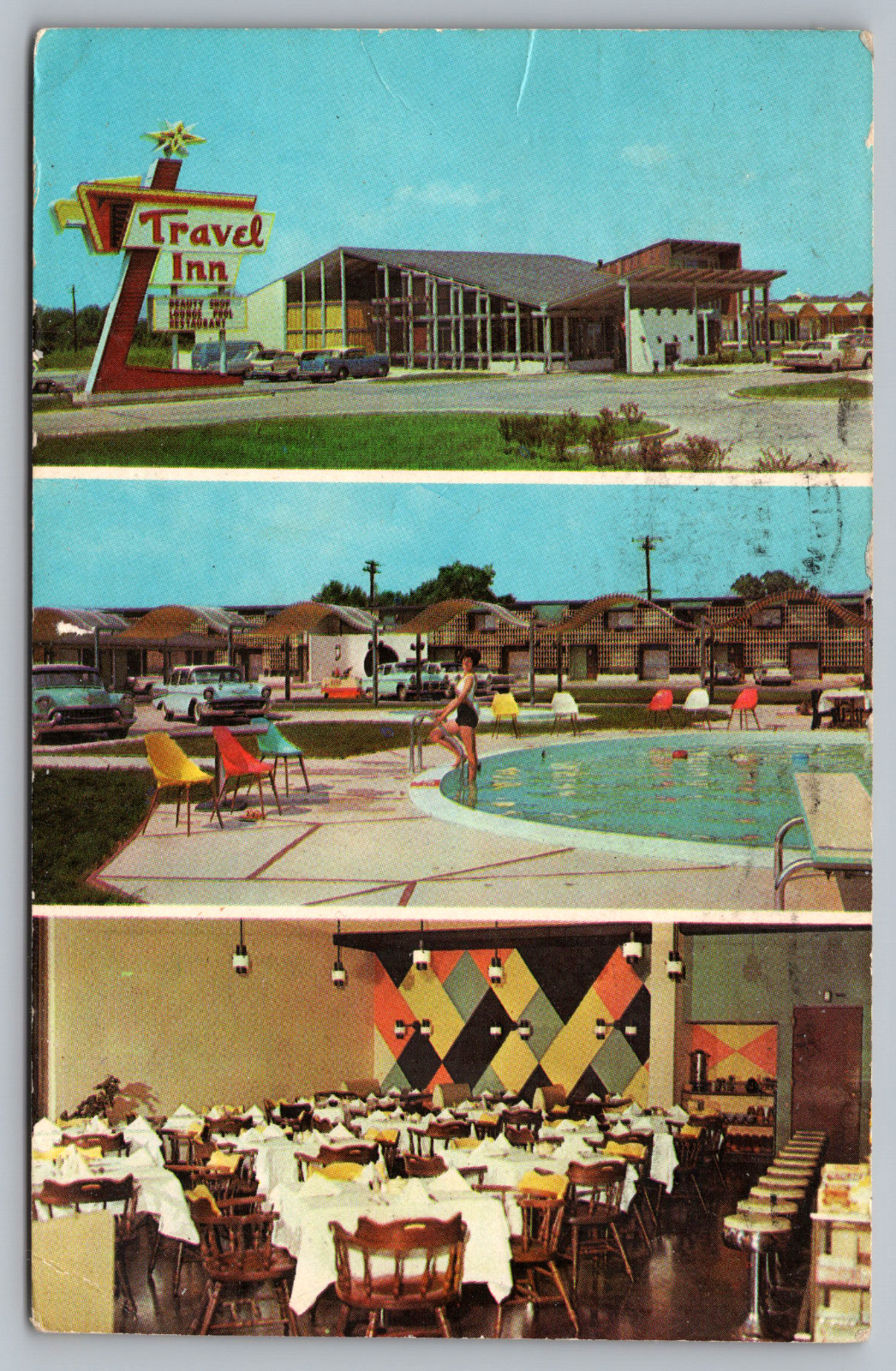 Postcard MS Travel Inn Motel Multiview Large Sign Meridian, Mississippi c1968