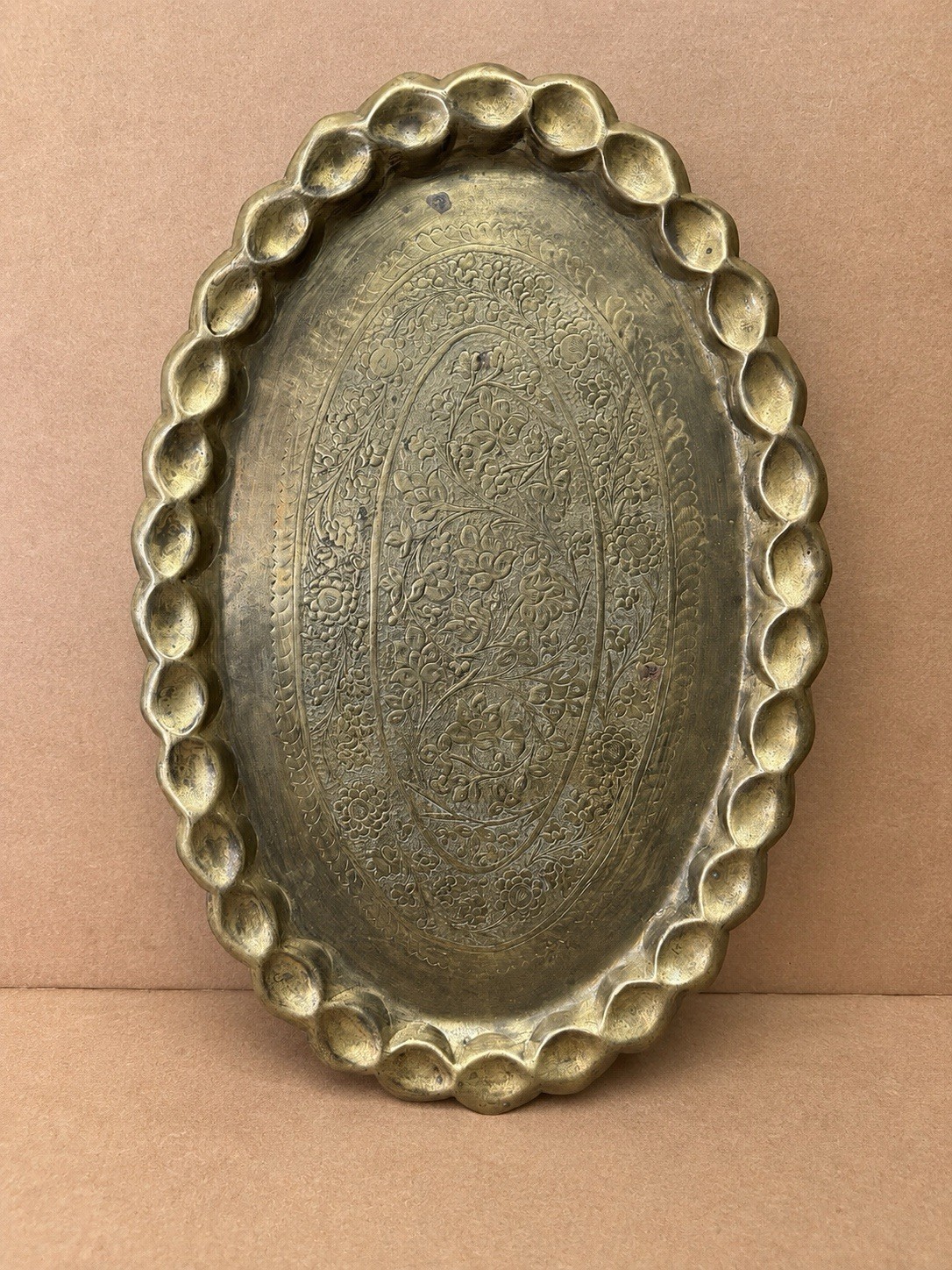 Vintage Indo-Persian Hand Engraved Brass Oval Tray Floral Scalloped Rim