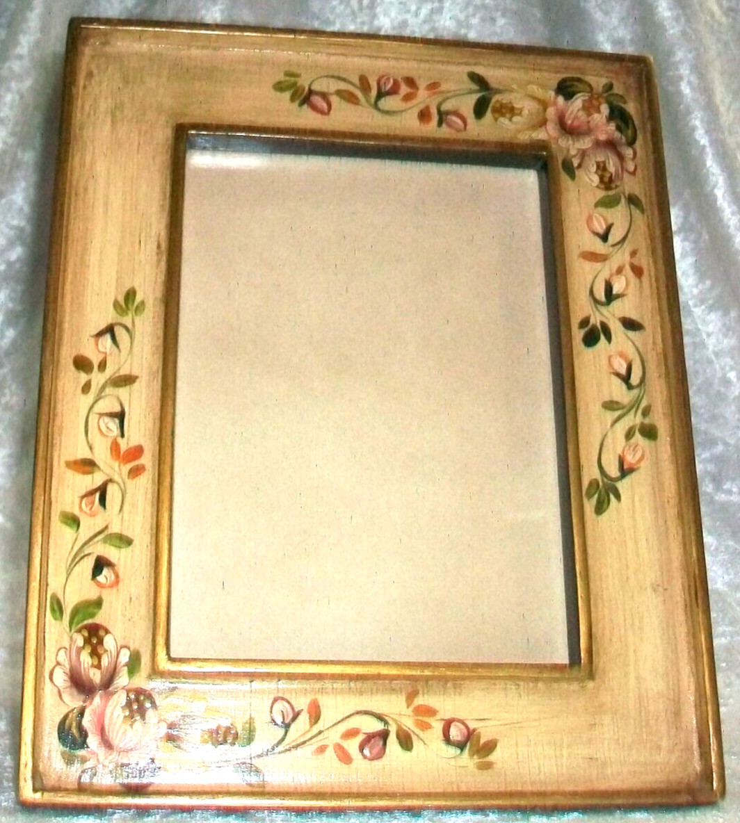 Ten Thousand Villages Hand Painted Pink Floral Toleware 5 x 7 Wood Photo Frame