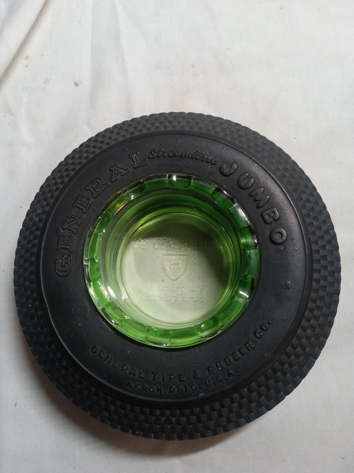 1930s General Tire Streamline Jumbo Tire Ashtray Uranium Green Glass Akron Ohio 1930s General Tire Streamline Jumbo Tire Ashtray Uranium Green Glass Akron Ohio