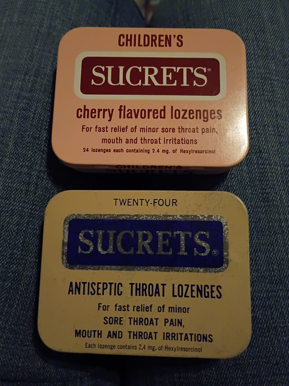 VTG-(2)-1970’s Sucrets 1-Regular(Blue)/1-Children’s Cherry Lozenge Tin/Container VTG-(2)-1970’s Sucrets 1-Regular(Blue)/1-Children’s Cherry Lozenge Tin/Container