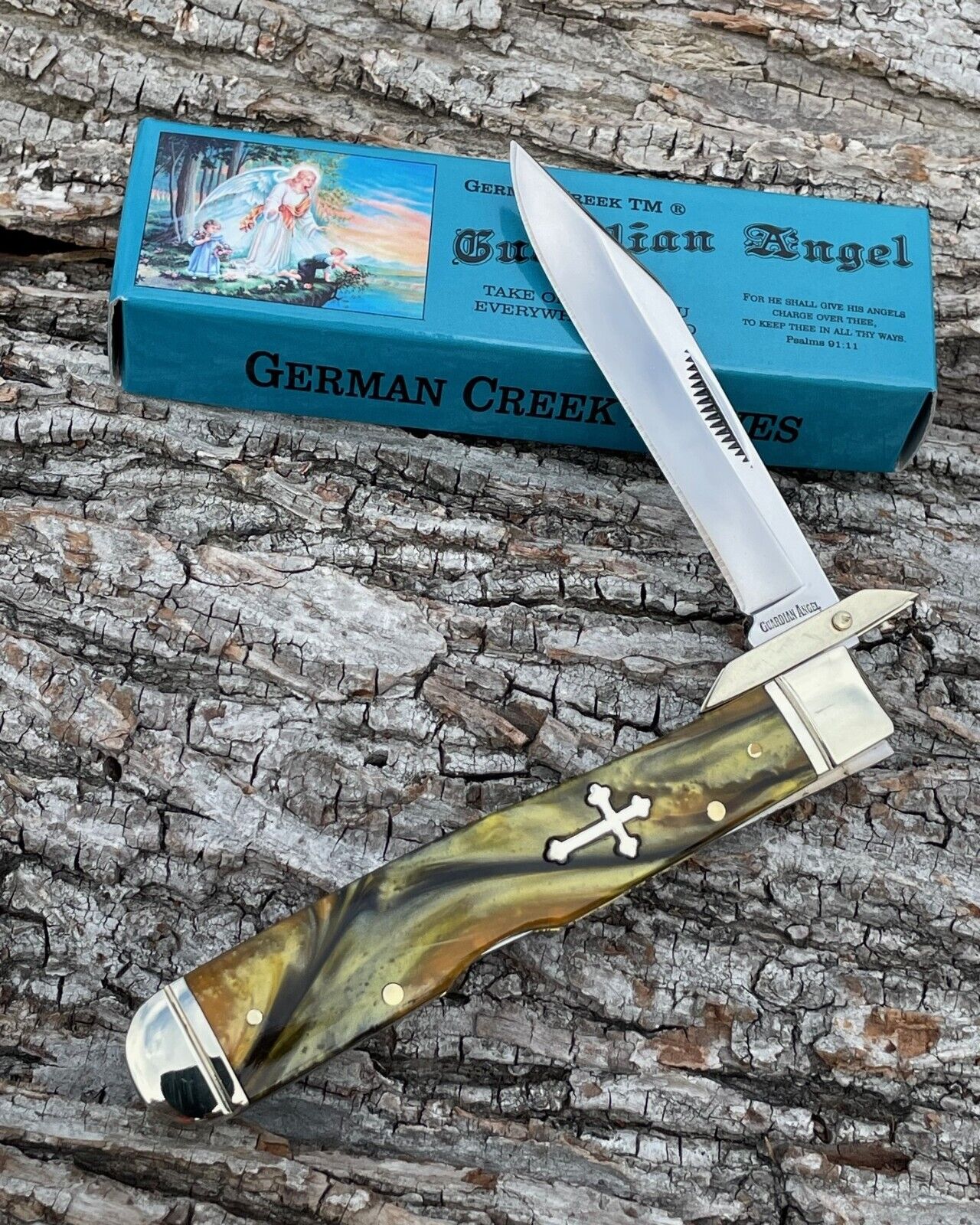 GERMAN CREEK*k GUARDIAN ANGEL SWINGUARD CHEETAH TIGER EYE SYNTHETIC KNIFE KNIVES