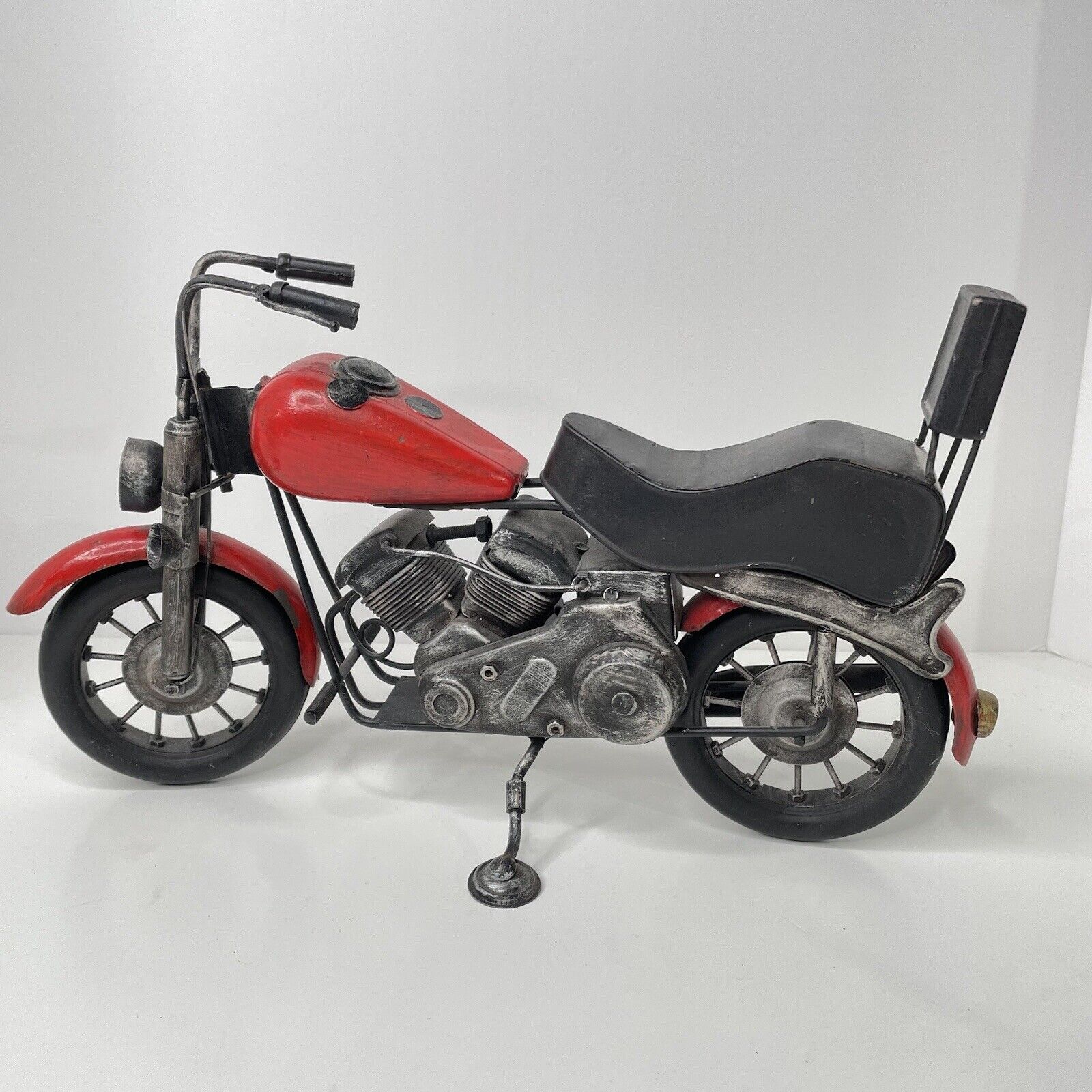 Vintage V Twin Motorcycle Metal Art Sculpture Model Chopper Red Black 13” Decor