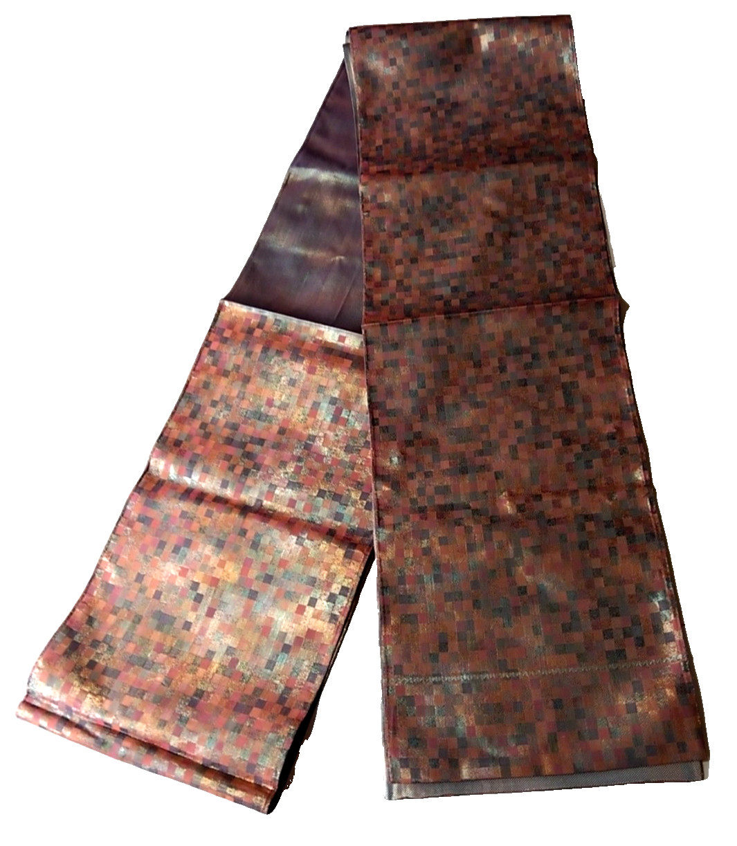 Japanese Fukuro Obi – Brown Check Pattern – Iridescent Lining – Reversible Style