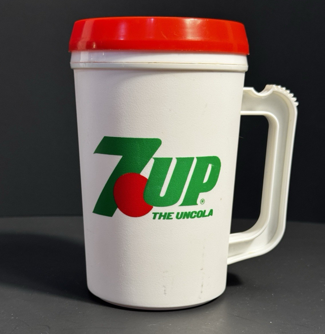 Vintage 7Up The Uncola Insulated Plastic Travel Mug AP Atlanta GA White Red
