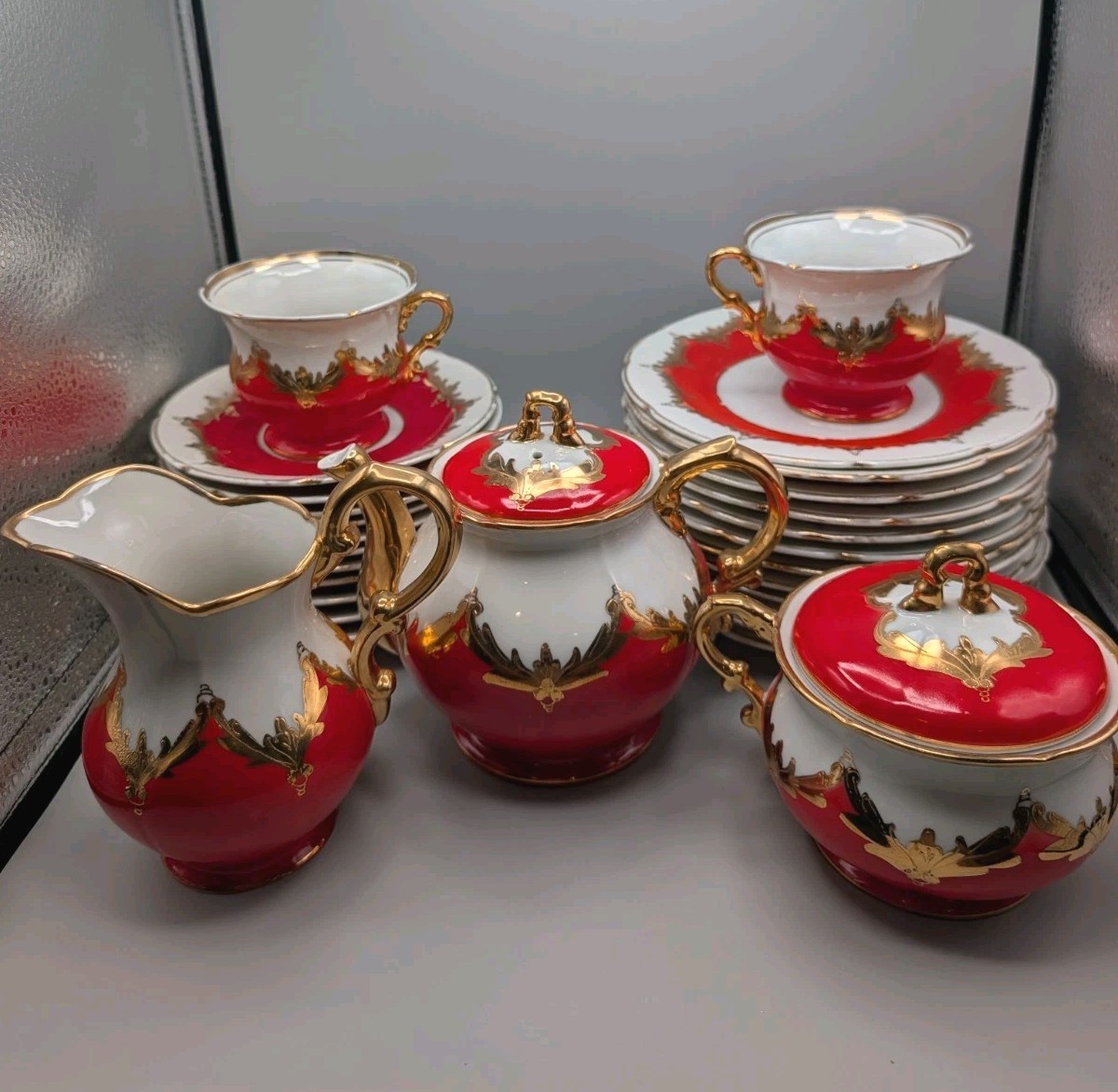 Vintage Soviet Baranovka Porcelain Tea Set Red Gold Acanthus 28 Pc Ukraine Ussr