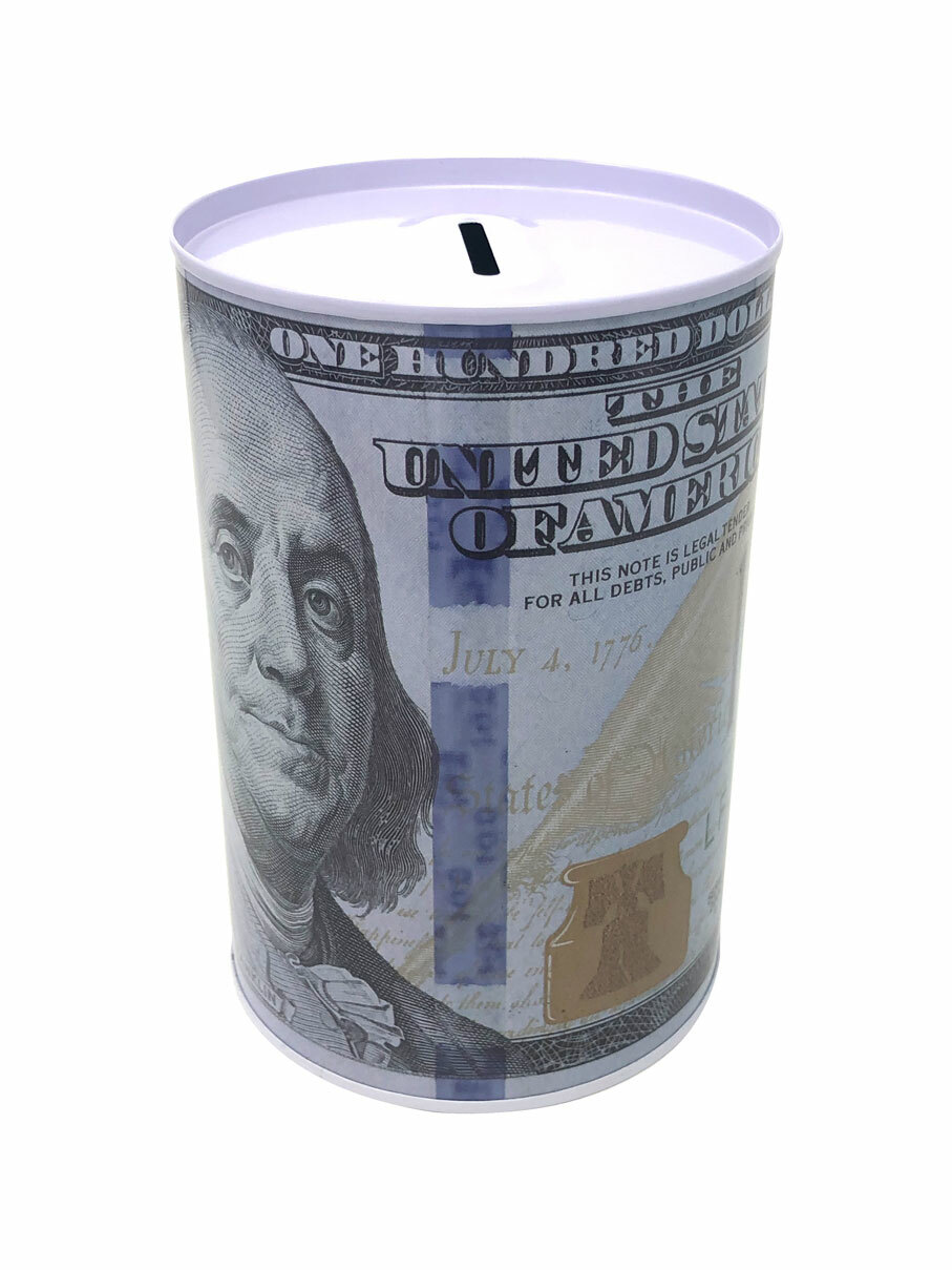 Tin Money Savings Piggy Bank with Ben Franklin $100 Bill Money Coin Saver 4 Tin Money Savings Piggy Bank with Ben Franklin $100 Bill Money Coin Saver 4
