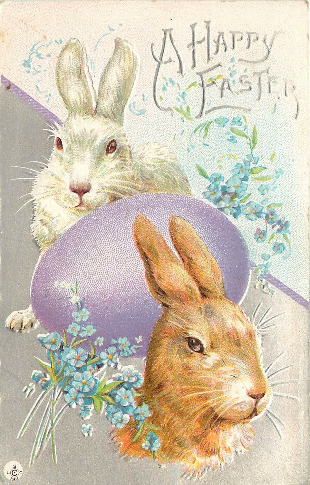 Stecher Embossed Easter Postcard 217 D; White Rabbit, Brown Rabbit, Lavender Egg