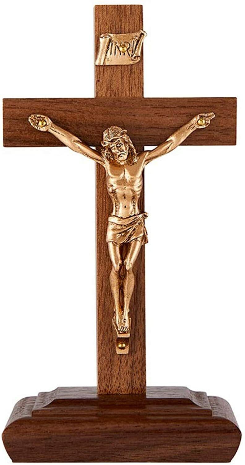 Wood Walnut Finish Standing Catholic Crucifix Cross with Gold Toned Corpus, 6 In