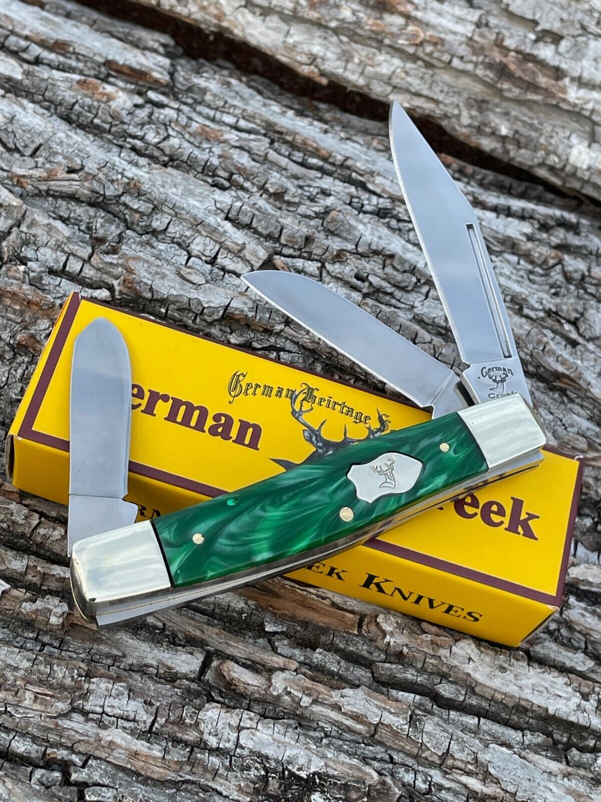 GERMAN CREEK *b GREEN SWIRL SYNTHETIC STOCKMAN KNIFE KNIVES