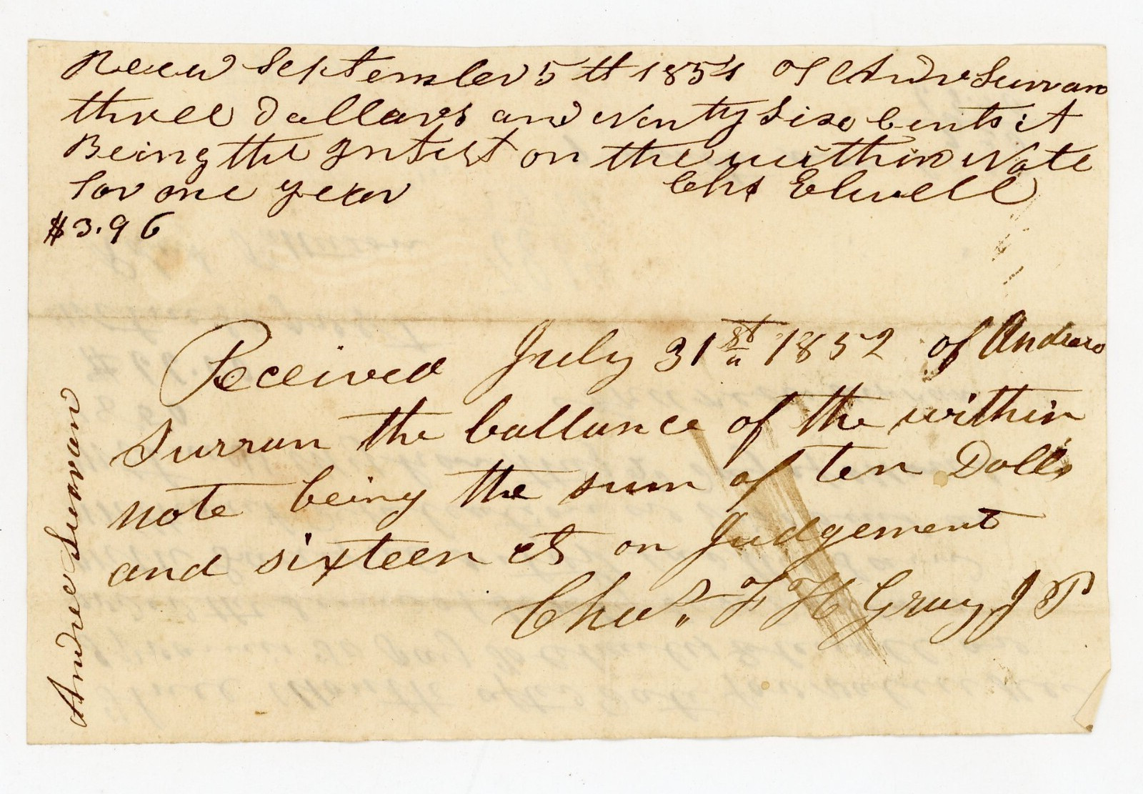 1852 Handwritten Receipt Andree Luman Jackson Michigan Signed Robert Patterson