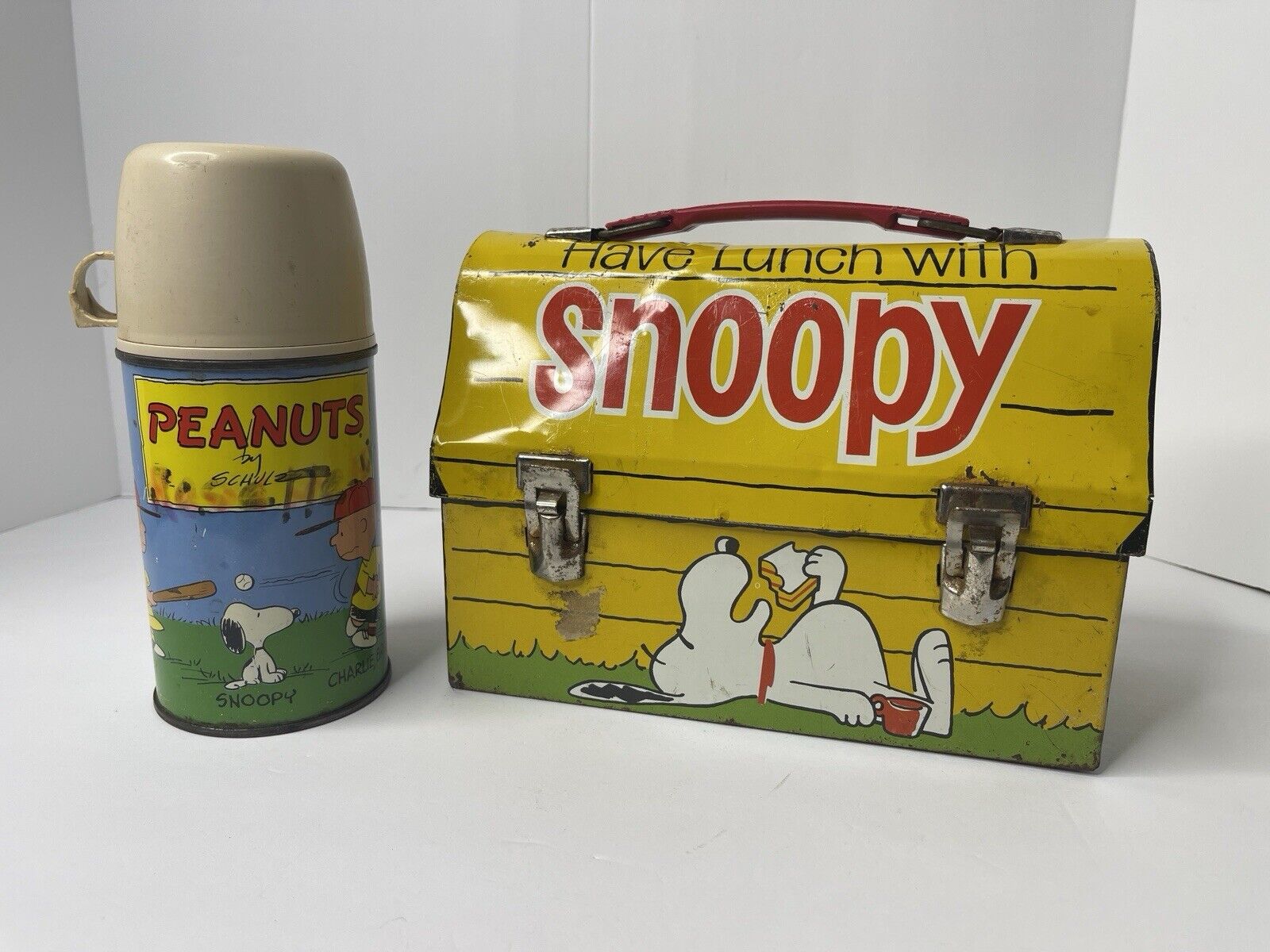 VINTAGE SNOOPY Blue Cup SCHOOL LUNCHBOX & THERMOS 1968 Old PEANUTS CHARLIE BROWN