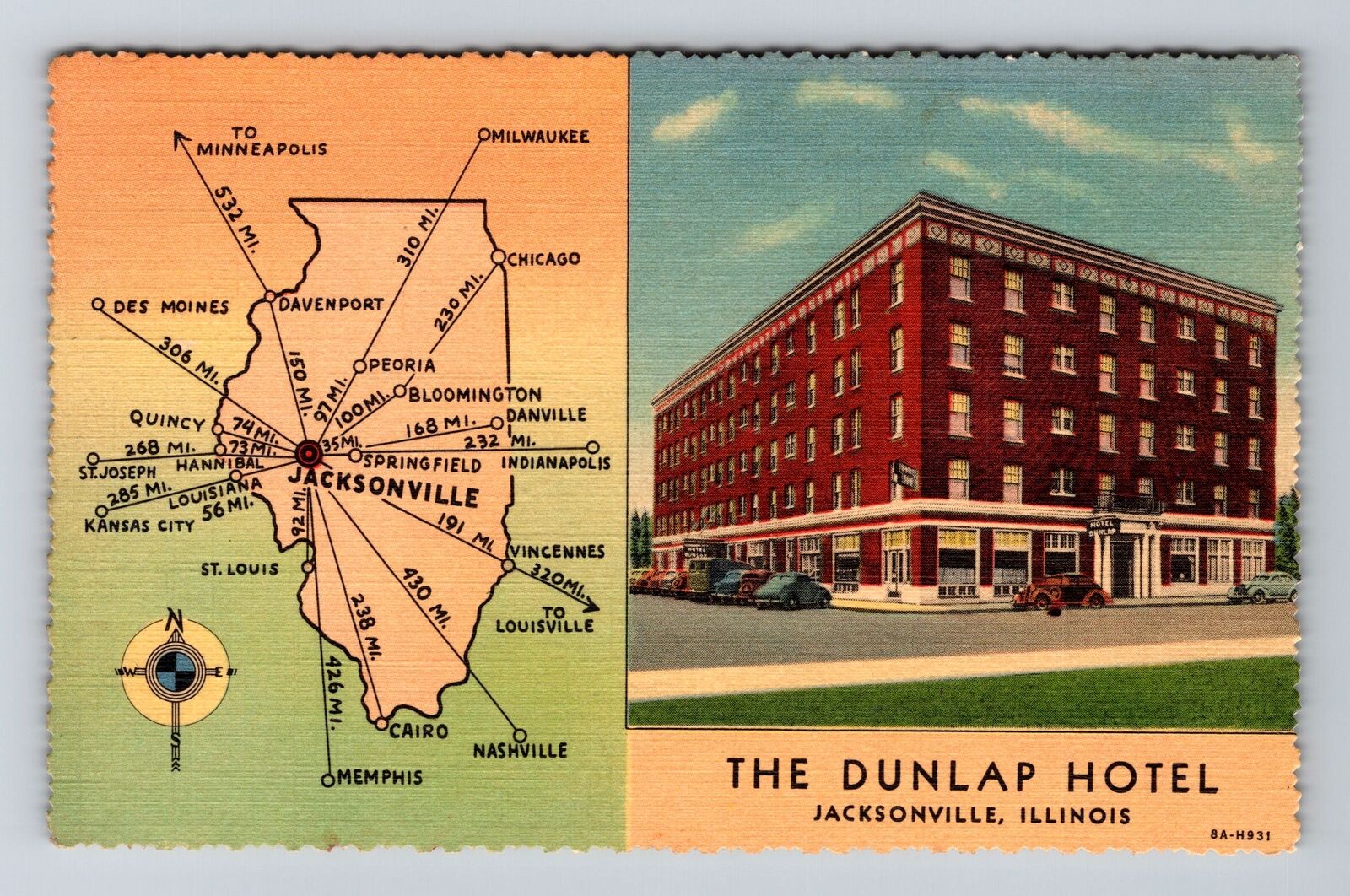 Jacksonville IL-Illinois, Dunlap Hotel, Advertising, c1940 Vintage Postcard
