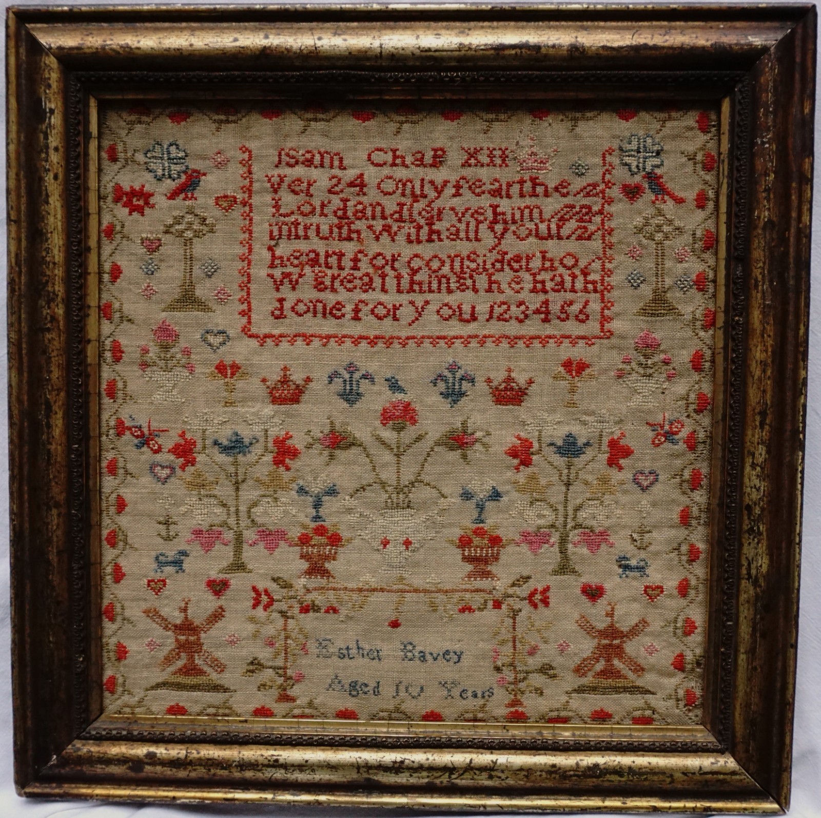 EARLY 19TH CENTURY MOTIF & QUOTATION SAMPLER BY ESTHER  BAVEY AGED 10 - c.1840