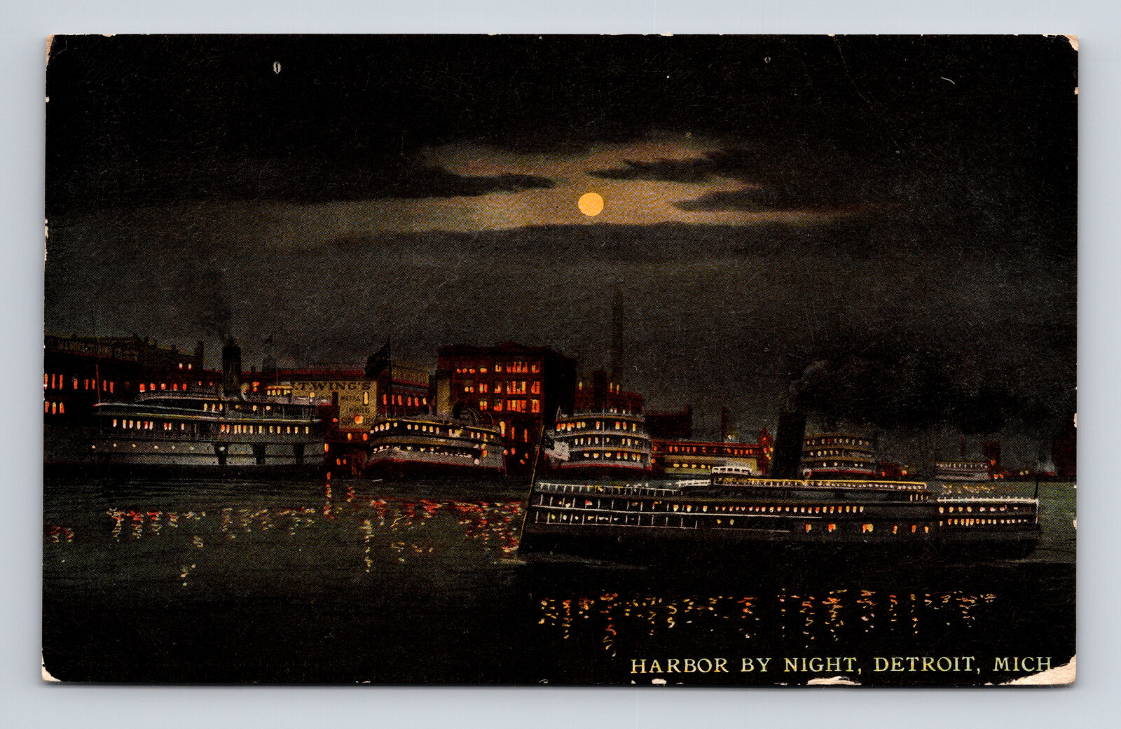 c1914 DB Postcard Detroit MI Michigan Harbor By Night Moonlight