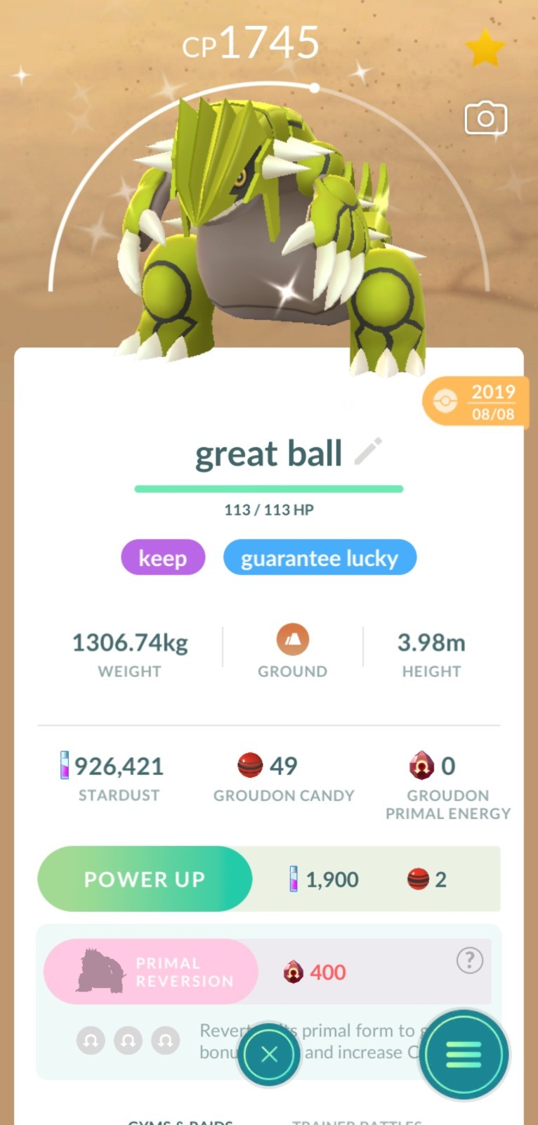 Pokémon GO Shiny Groudon Guaranteed Lucky (CAUGHT IN GREAT BALL) Pokémon GO Shiny Groudon Guaranteed Lucky (CAUGHT IN GREAT BALL)